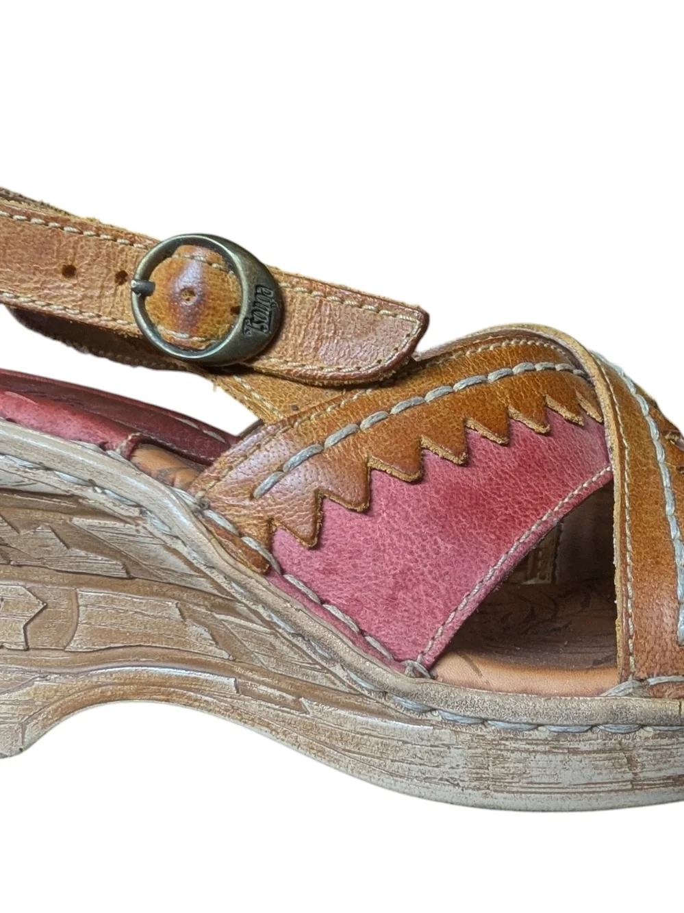 Tsonga leather wedge sandals featuring Red and tan multi-strap cross-over